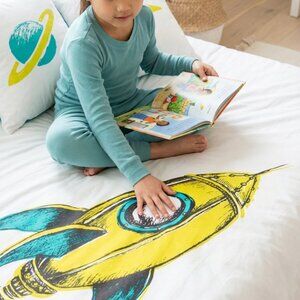 KIDS BEDDING ORGANIC COTTON ROCKET DUVET COVER DOUBLE